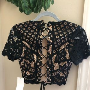 TOBI black lace crop top, short sleeve, lace back